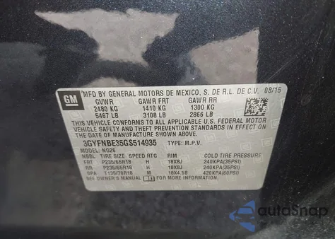 2016 Cadillac Srx Luxury Collection from USA, damaged, VIN 3GYFNBE35GS514935